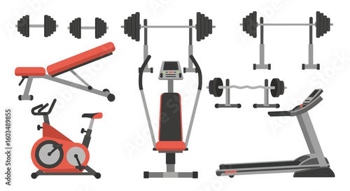 Comprehensive gym equipment selection with dumbbells, bench, bike and treadmill illustration