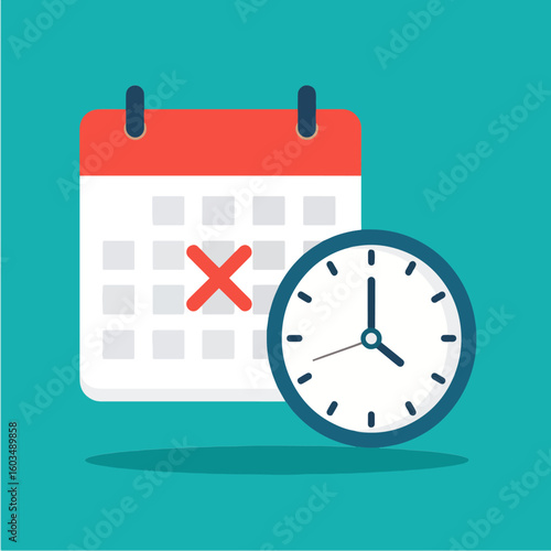 Simple flat vector illustration depicting a calendar with a cross and a clock, symbolizing deadlines, scheduling, appointments, and time management.