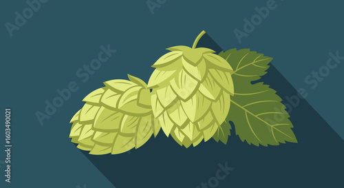 Stylized Hops Duo: A Muted Green Illustration Against a Dark Blue Backdrop Promoting Natural Brewing Concepts