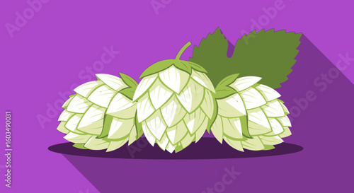 Stylized Hop Cones Illustration with Leaf Detail and Modern Shadowing on Deep Purple Backdrop