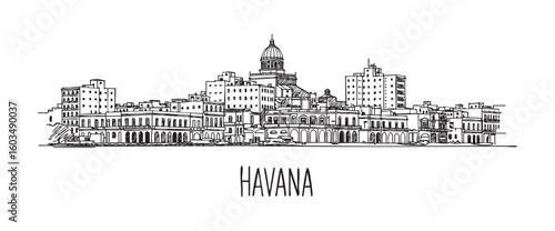 havana cuba cityscape tall building engraving sketch vector illustration