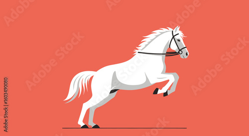 Stylized prancing white stallion on a solid background for artistic illustration showcasing equine grace and power in a simplified design suitable