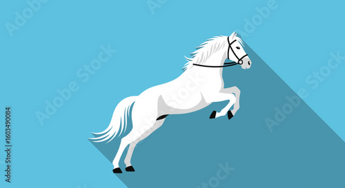 Illustrative Jumping White Horse with Bridle on Blue Backdrop, Displaying Elegance and Power in Motion