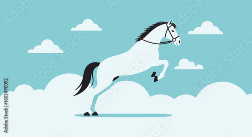 Stylized illustration of a white horse jumping through fluffy clouds under a clear sky