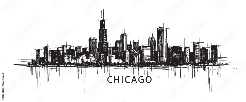 Obraz premium chicago usa cityscape tall building engraving sketch vector illustration