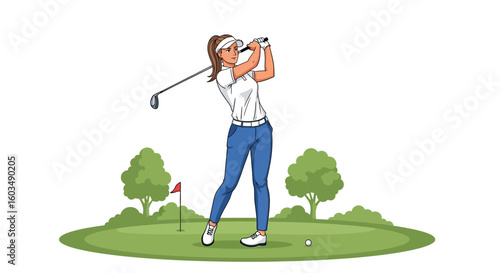 Graceful Golfer Teeing Off: An Elegant Cartoon Illustration of a Woman in Motion and Action, showcasing determination and sportsmanship in golf