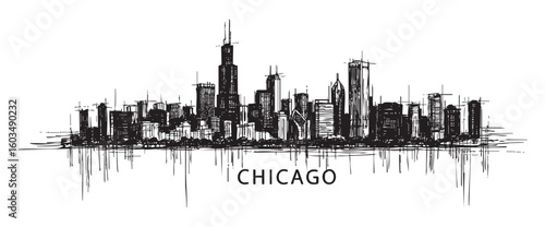 chicago usa cityscape tall building engraving sketch vector illustration