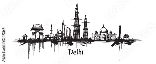 new delhi india cityscape tall building engraving sketch vector illustration