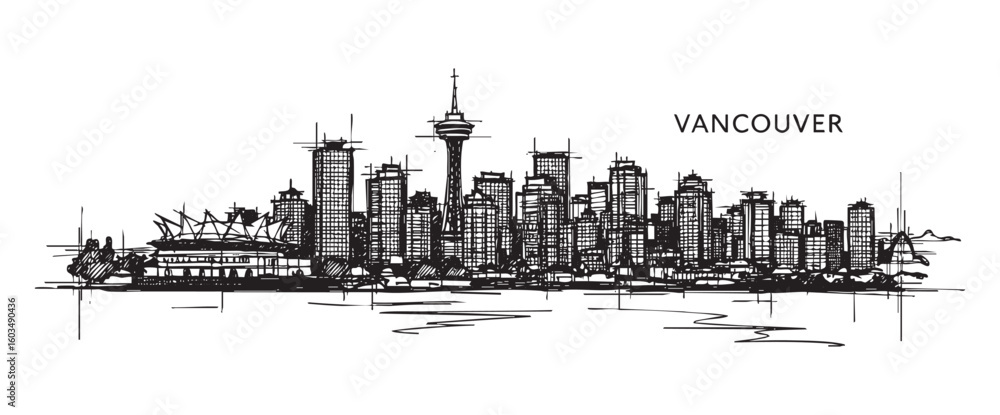 Obraz premium vancouver canada cityscape tall building engraving sketch vector illustration