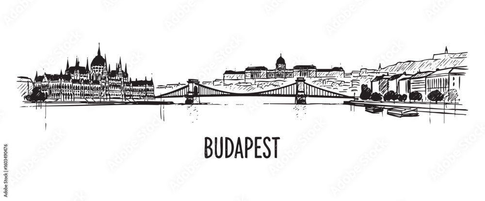 Obraz premium budapest hungary cityscape tall building engraving sketch vector illustration