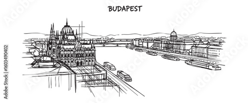 budapest hungary cityscape tall building engraving sketch vector illustration