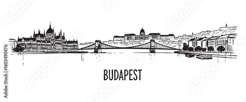 budapest hungary cityscape tall building engraving sketch vector illustration