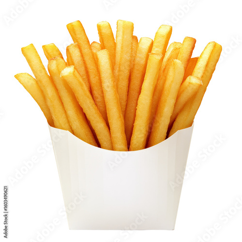 Golden, Crispy French Fries Served In A White Cardboard Container, Isolated On White.  Perfect For Food Blogs Or Menu Designs!