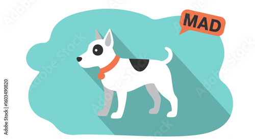 Stylized illustration depicting an enraged domestic canine expressing displeasure with modern design aesthetics and minimalist color palette choice