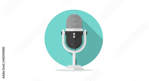 Retro Microphone Illustration with Soft Shadow on Cyan Background for Podcasting, Broadcasting or Vocal Recording 2024