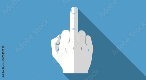 Stylized Vector Middle Finger Illustration with Shadow on Teal Backdrop, Bold Gesture 75 degrees tilt angle hand, emphasizing modern design