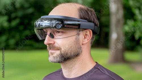 Man Wearing Sleek Smart Glasses Outdoors in Summer