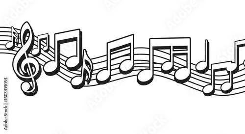 Musical Score Graphic: A Dynamic Arrangement of Notes and Clef in Black and White Presentation
