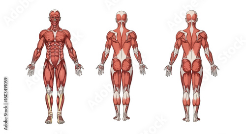 Human Muscular System Depiction: Anterior and Posterior Views, Anatomical Illustration with Realistic Muscle Detail on White Background