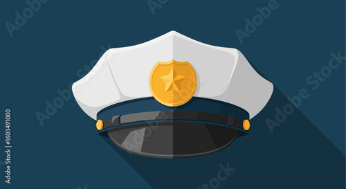 Stylized illustration of a police officer's peaked cap against a dark blue backdrop, simple design 99 characters