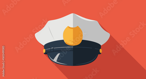 Stylized flat vector police cap with shadow, representing law enforcement and service security patrol with authority, safety and public order