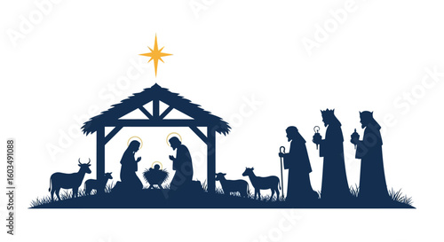 Silhouette Nativity Scene Depicting Holy Family and Three Wise Men Under Guiding Star Emphasizing Christian Tradition and Religious Observance