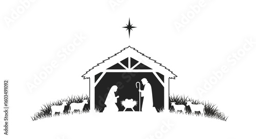 Minimalistic Nativity Scene Silhouette with Star and Animals Depicting the Birth of Jesus Christ