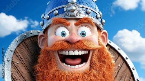 Joyful Cartoon Viking Close Up Against Blue Sky