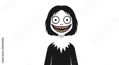 Eerie Enigmatic Character with Striking Gaze and Sharp Teeth Haunting Figure Depicted on White Backdrop with a Menacing Smile
