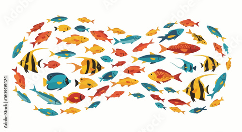 Colorful Fish School Cartoon Illustration with Tropical and Marine Fish Species Composition on White Background
