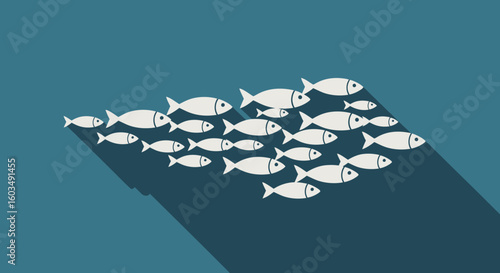 School of Fish: An Illustration of Teamwork and Collaboration in Marine Life, With a long flat shadow adding depth