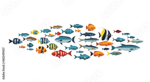 Vibrant and Varied School of Fish: An Aquatic Assemblage of Colorful Marine Life Illustration