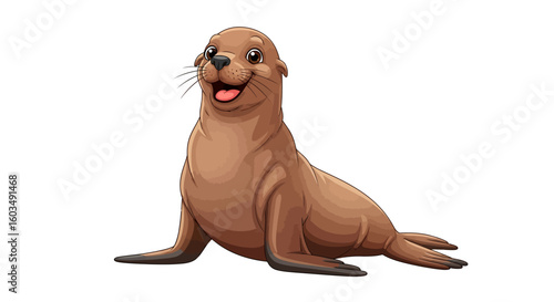 Delightful Seal Illustration with a Playful Expression, Perfect for Children's Content or Educational Materials, Charming Sea Lion Character Design