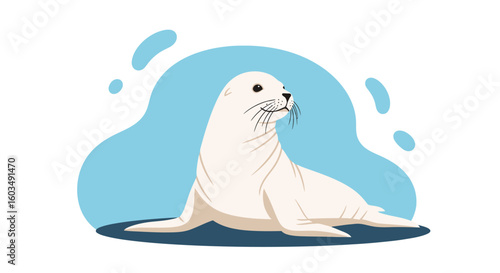 Delightful illustration showcasing a pristine white seal, set against a serene blue backdrop, conveying a sense of peaceful oceanic wildlife scene