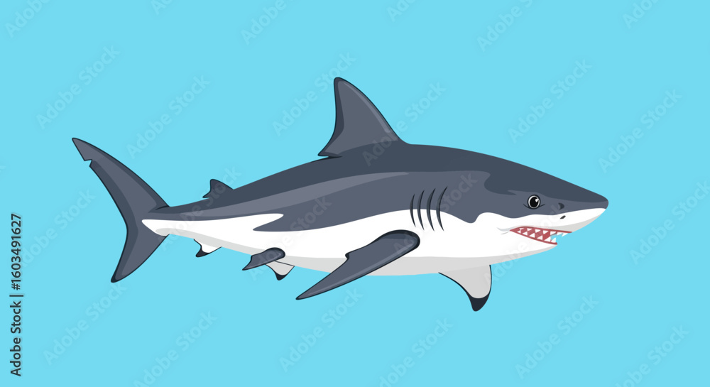 Obraz premium Cartoon illustration of a majestic shark gliding effortlessly through the clear blue ocean depths captivating viewers with its powerful presence