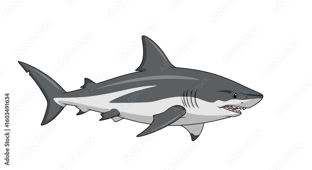 Fototapeta premium Animated Great White Shark Illustration on Plain Backdrop Emphasizing Oceanic Wildlife, Marine Ecosystems and Animal Attributes