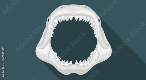 Stylized Shark Jaw Illustration on Dark Cyan Backdrop, Showing Sharp Teeth and Long Shadow Portraying Danger