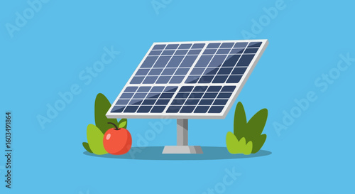 Illustrated solar panel setup with apple and shrubbery on a clear blue background showcasing the energy source concept