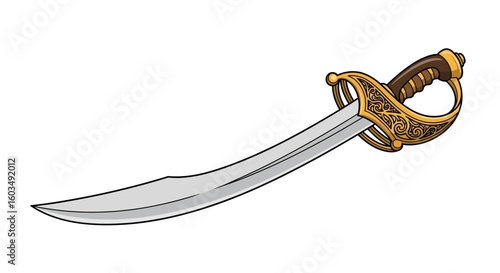 Pirate's Edge: A Gleaming Cutlass with Ornate Hilt Against a Pristine White Backdrop for Visual Storytelling
