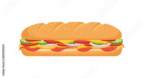 Appetizing illustration of a submarine sandwich with fresh vegetables and cheese on a white background
