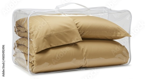 Clear plastic bag holding beige bedding set