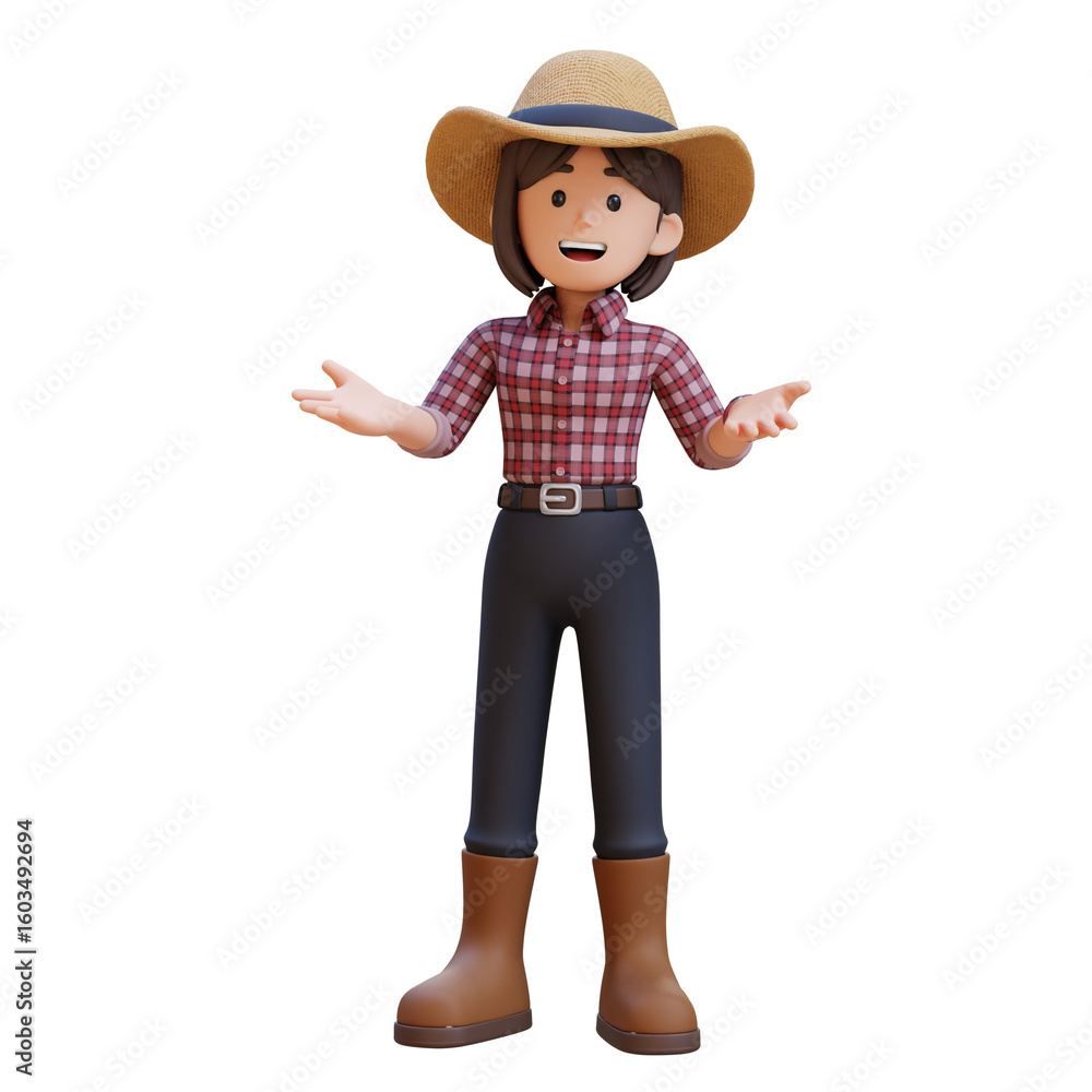 3D woman farmer character in talk and presenting gesture 3D woman farmer character in talk and presenting gesture