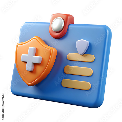 3d medical insurance card with shield and cross symbol