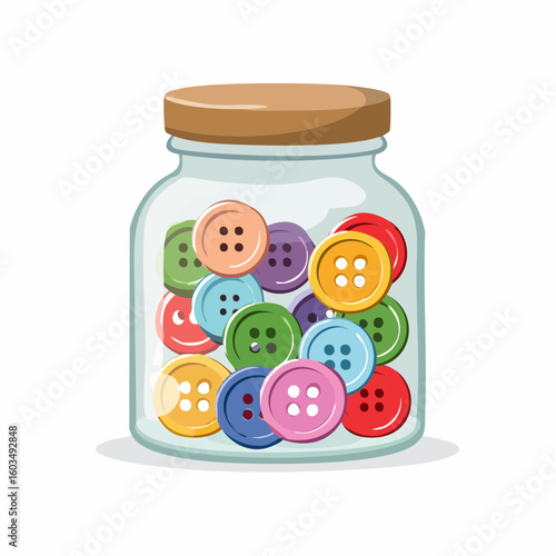 Button jar – Small glass jar filled with multicolored buttons.
