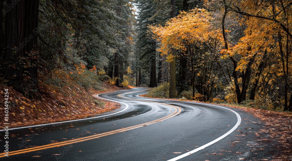 Fototapeta premium A winding asphalt road curves through a redwood forest in autumn. 