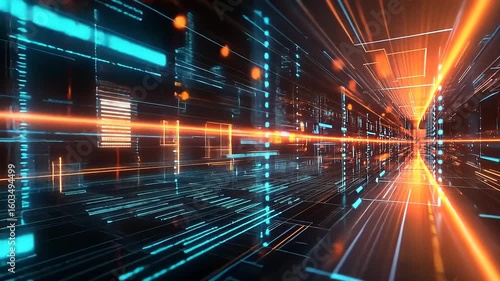 Wallpaper Mural Futuristic digital tunnel with glowing lines and data streams creating a vibrant abstract background Torontodigital.ca