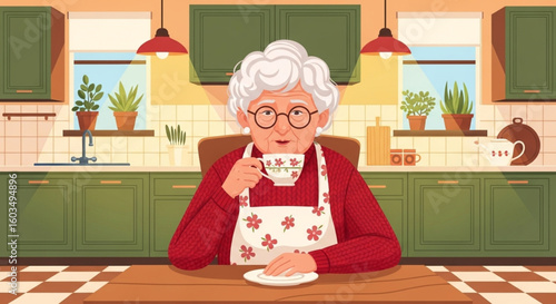 Flat vector illustration of an elderly woman drinking tea in a cozy kitchen
