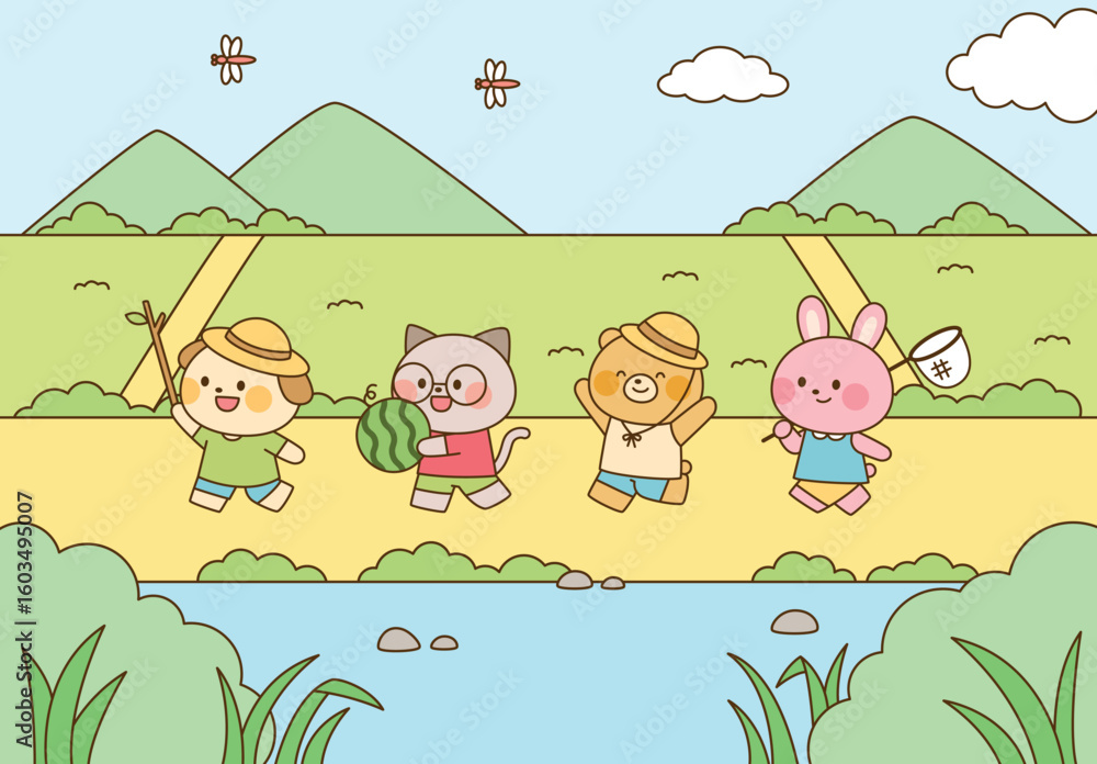 Obraz premium Cute animal friends on a summer vacation. A boy, a cat, a bear, and a rabbit are enjoying a refreshing trip by the river, with mountains and clouds in the background, perfect for a cheerful summer day