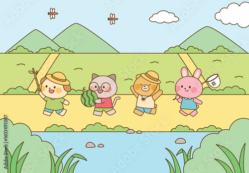Cute animal friends on a summer vacation. A boy, a cat, a bear, and a rabbit are enjoying a refreshing trip by the river, with mountains and clouds in the background, perfect for a cheerful summer day