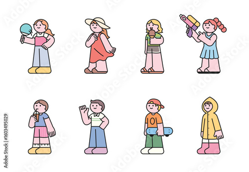 . They are depicted with items like ice cream, a water gun, a skateboard, and a beach hat, making this set perfect for summer themes, holidays, and children's designs.